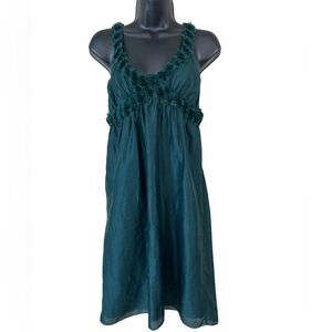 Max Studio Emerald Silk/Linen Blend Dress with Pom Pom Detail